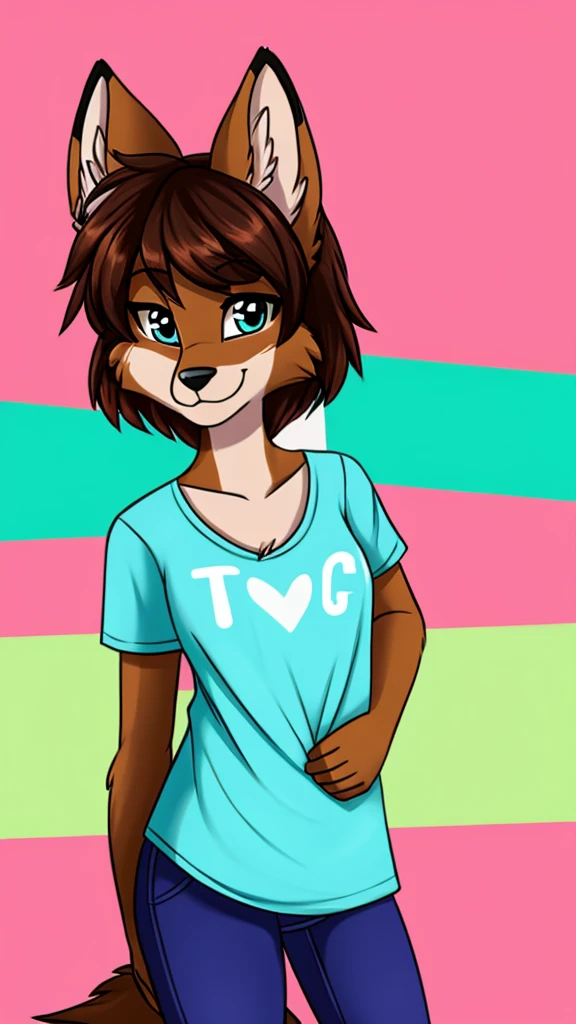 there is a draw image of a wolf, cyan, white, pink ,shirt arm with long, pants black, draw avatar, fursona, furry style, furry character, furry furaffinity, furry fursona, thicc, furry cute style, fursona!!!!, halfbody, fursona, cheap brown hair long girl, woman, Chest girl, backgrouned style colorful, transgender