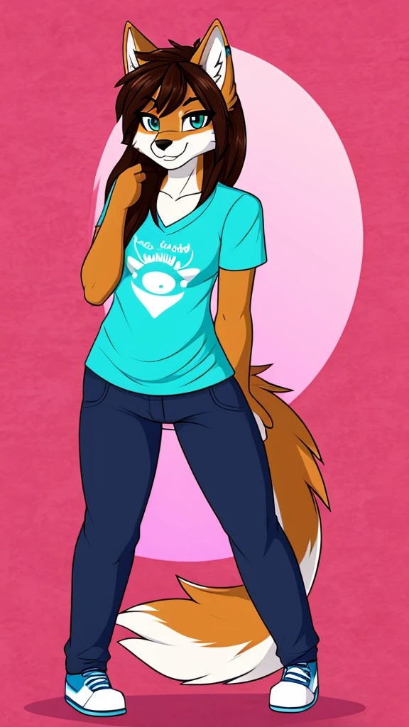 there is a draw image of a wolf, cyan, white, pink ,shirt arm with long, pants black, draw avatar, fursona, furry style, furry character, furry furaffinity, furry fursona, thicc, furry cute style, fursona!!!!, halfbody, fursona, cheap brown hair long girl, woman, Chest girl, backgrouned style colorful, transgender