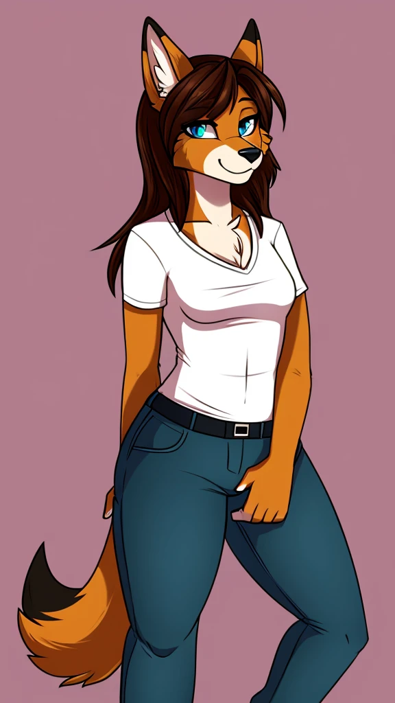 there is a draw image of a wolf, cyan, white, pink ,shirt arm with long, pants black, draw avatar, fursona, furry style, furry character, furry furaffinity, furry fursona, thicc, furry cute style, fursona!!!!, halfbody, fursona, cheap brown hair long girl, woman, Chest girl, backgrouned style colorful, transgender