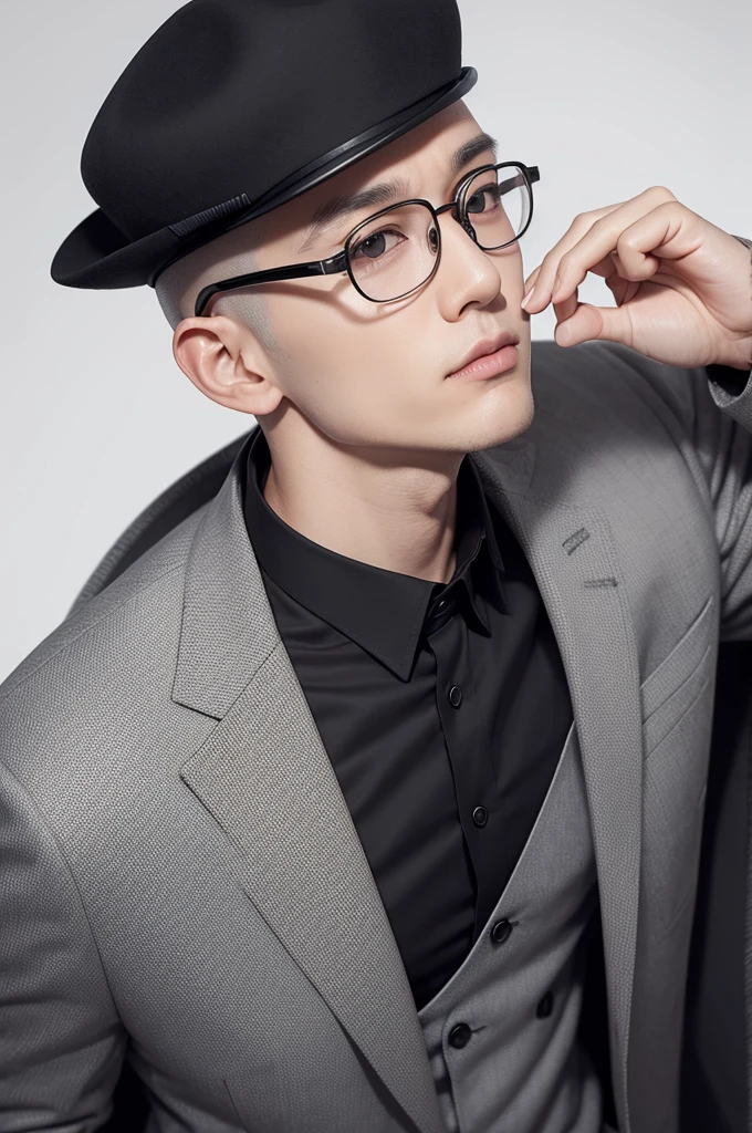 White man with no hair, White background, eyes black, brown hat with glasses, gray and black suit shirt, black short parted hair,