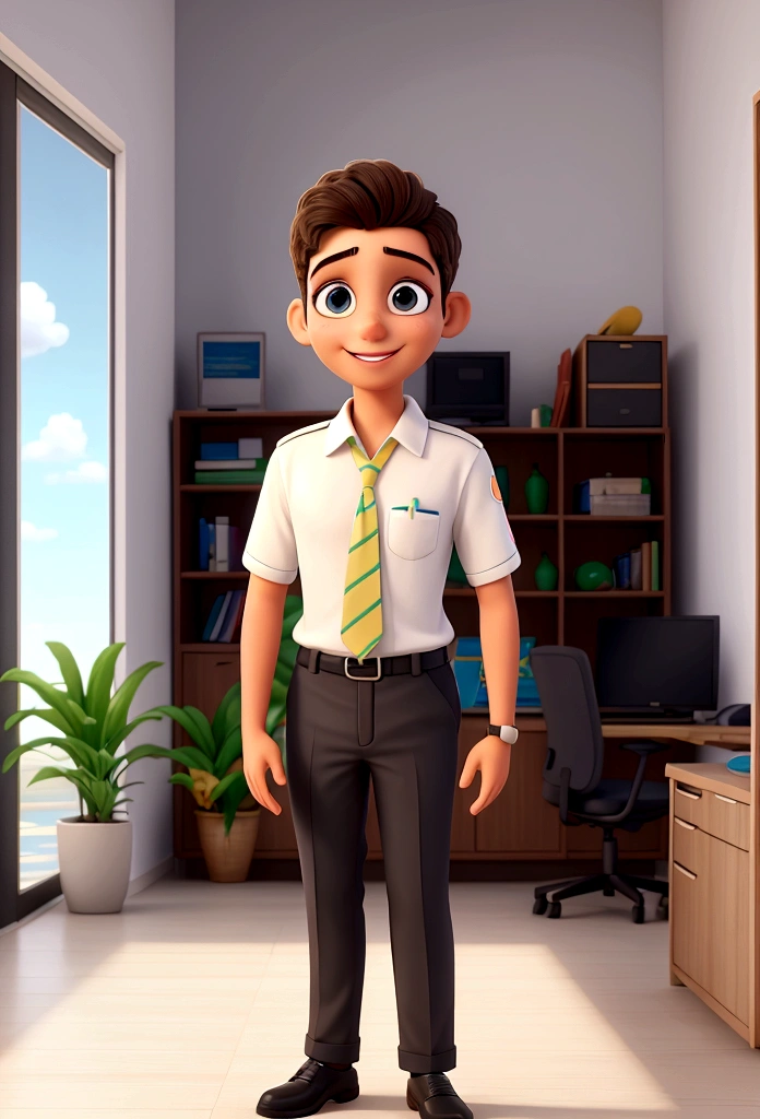 virtual assistant in a law firm, young guy, his name is Tobias and he is from Recife, Pernambuco in Brazil, has regional characteristics and a happy corporate environment, very bright with a wide view of Recife beach in Pernambuco, with smart sports clothes, 8K high definition.
