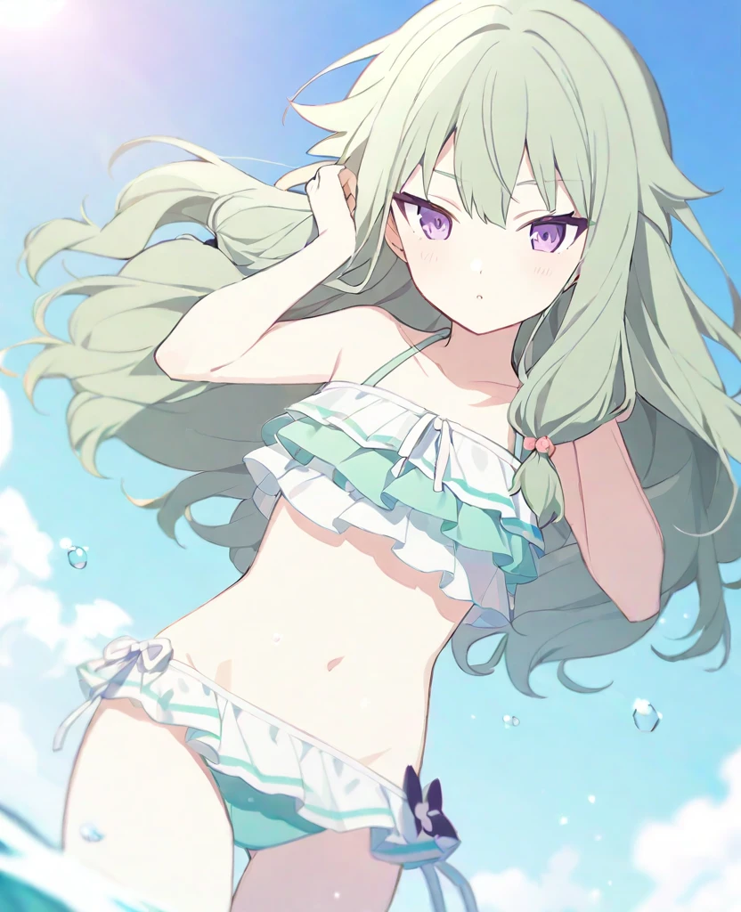 One girl,alone,kusanagi nene,Green Hair,Purple Eyes,Swimwear,project sekai,long hair,cute,cute,