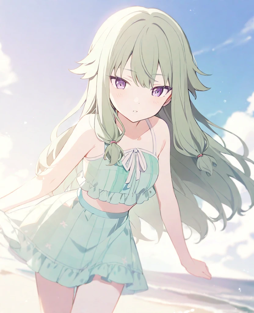 One girl,alone,kusanagi nene,Green Hair,Purple Eyes,Swimwear,project sekai,long hair,cute,cute,