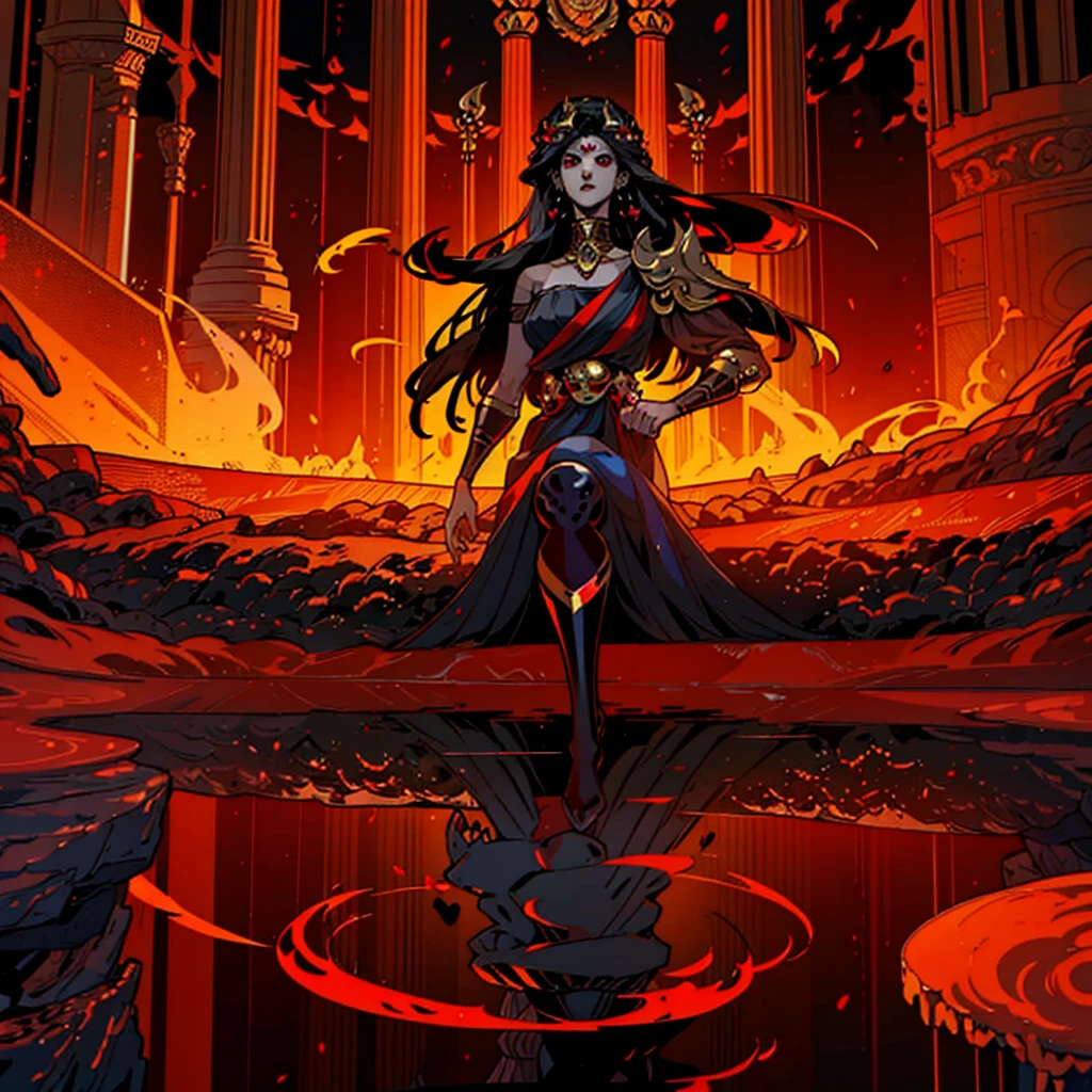 1girl, alone, 25 years old, grand, tall, black hair, red eyes, insister sur les reflets des yeux rouges, (high quality:2), cheveux noirs, long hair, boss, black outfit, black clothes, black pants, masculine clothes, masculine outfit, frowning, hades style, hades game, Jen zee style, greek themed image, greek background, thanatos, tartarus scenery, red fumes, black clouds, greek columns in background, lots of columns, greek architecture, white themed image, white furniture, red touches of color, orange walls, looking at viewer, holding the stygian blade hades game wiki, hades, game, wiki, obols, stygius, Eris inspiration, Alecto, Charon, Hecate, Hades character, Meg, Megara, Megaera, Moros, Nemesis, armor, Nemesis armor, Tisiphone