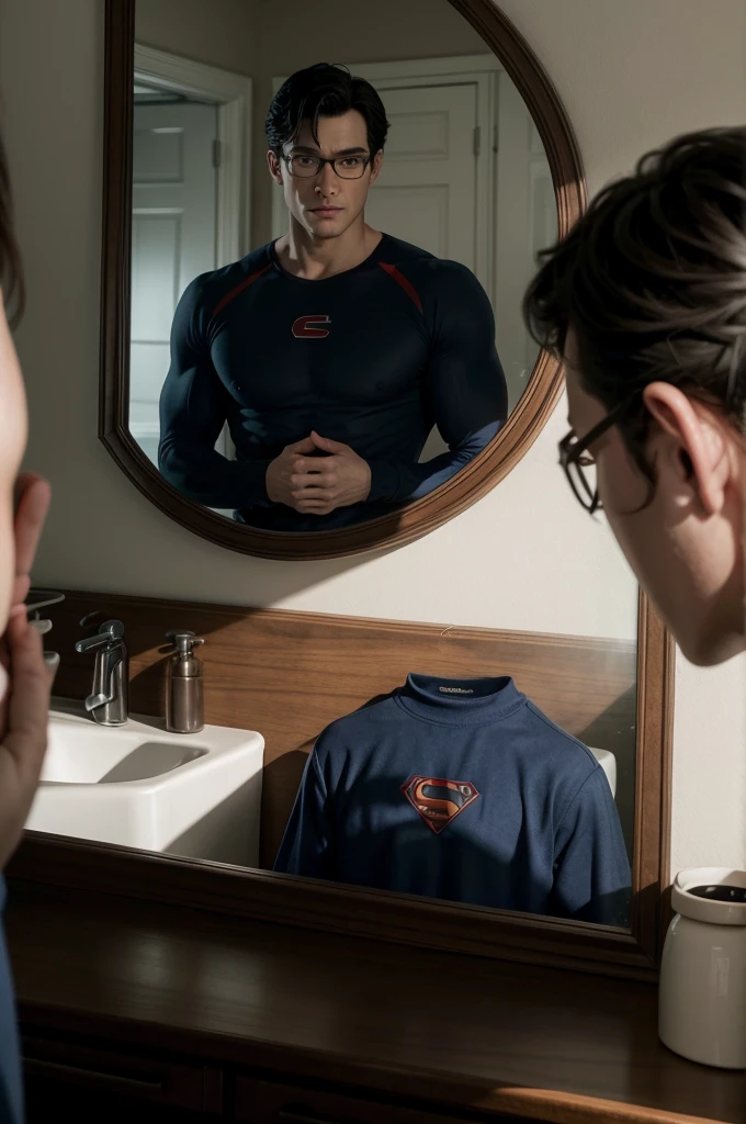 Clark Kent played by David Corenswet looking in the mirror and seeing himself in Superman&#39;s classic uniform