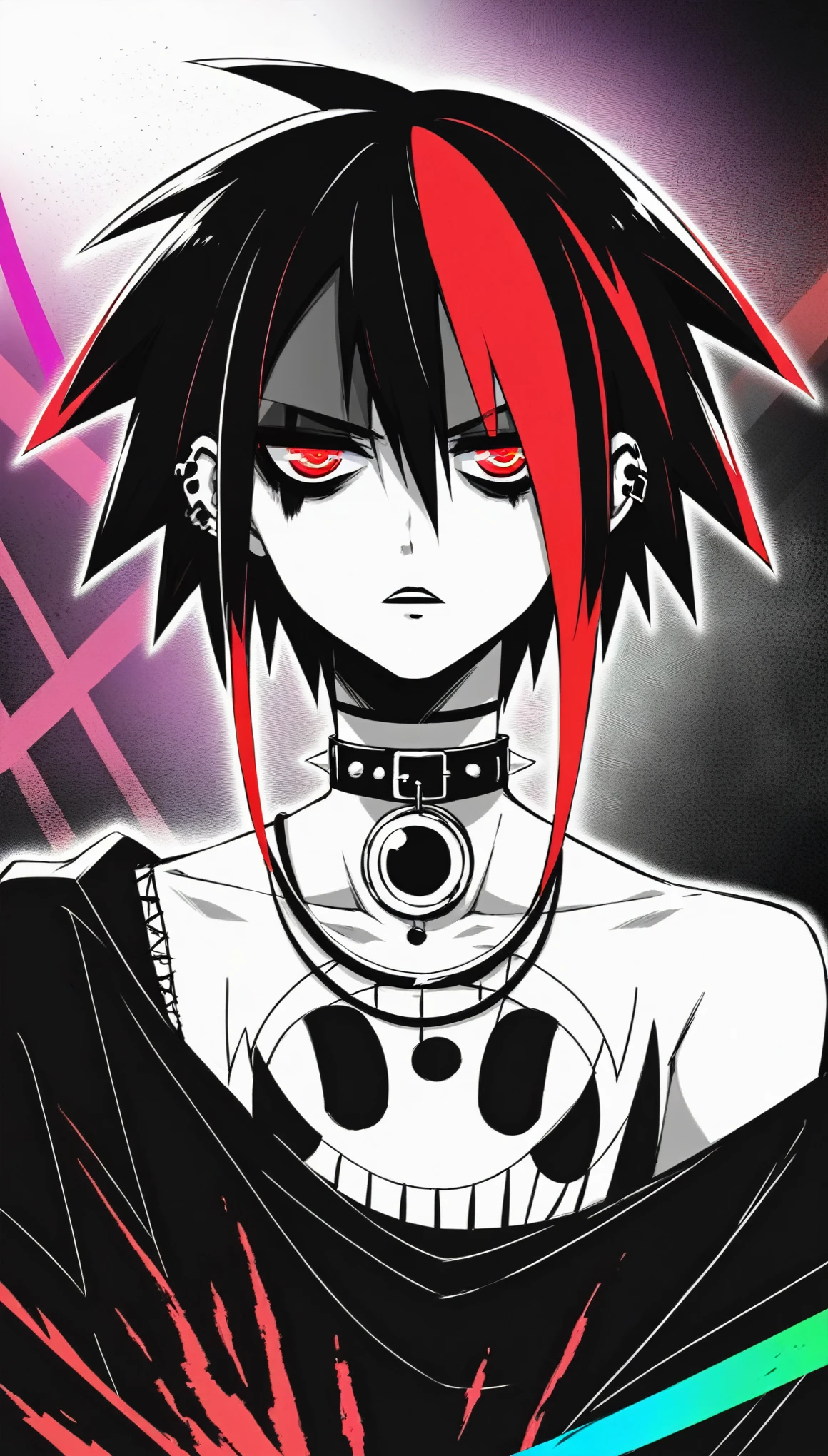 (masterpiece:1.0), (best_quality:1.0), ultra-high resolution, 4K, ultra-detailed, maki kun, solo, red eyes gleaming, black hair standing out, vibrant highlights, dramatic shadows, focused on the face, slightly angled, (dramatic lighting:1.2), (stunning:1.5), (strong contrast:1.3), manga-style, (eye-catching:1.2), (gothic:1.2), (vibrant:1.5), (emo aesthetic:1.3), (red and black theme)