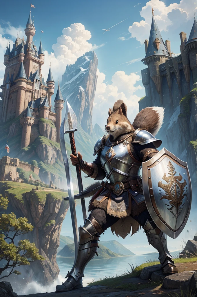 Realistic beaver warrior photo, wearing a shiny armour with sword and shield, epic fantasy castle in the background, one beaver, fantasy, 2 large teeths out