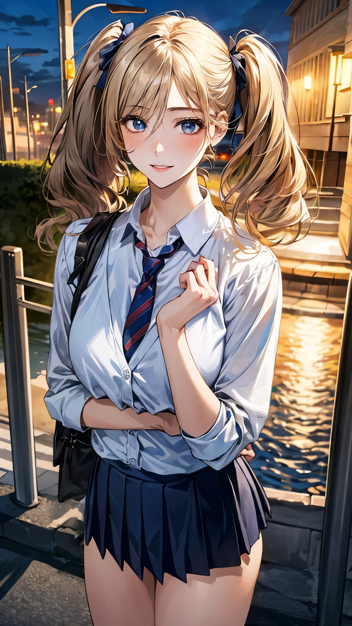 (masterpiece:1.3, top-quality, ultra high res, ultra detailed), (realistic, photorealistic:1.4), beautiful illustration, perfect lighting, natural lighting, colorful, depth of fields, ,
beautiful detailed hair, beautiful detailed face, beautiful detailed eyes, beautiful clavicle, beautiful body, beautiful chest, beautiful thigh, beautiful legs, beautiful fingers, shiny skin,
looking at viewer, 1 girl, high school girl, (perfect anatomy, anatomically correct, super detailed skin), cute and symmetrical face, babyface, perfect face, perfect eyes, ,
(long hair:1.4, twin tails:1.2, blonde hair), swept bangs, hair between eyes:0.6, blue eyes, big eyes, long eye lasher, (medium breasts, seductive thighs), slender, skin dendation,
detailed cloth texture, navy cardigan:1.2, break, white collared shirt, break, dark red tie, break, light blue pleated skirt:1.2, break,
(beautiful scenery), summer, evening, (cityscape:1.2), standing, hands on chest, (lovely smile, upper eyes, parted lips),
