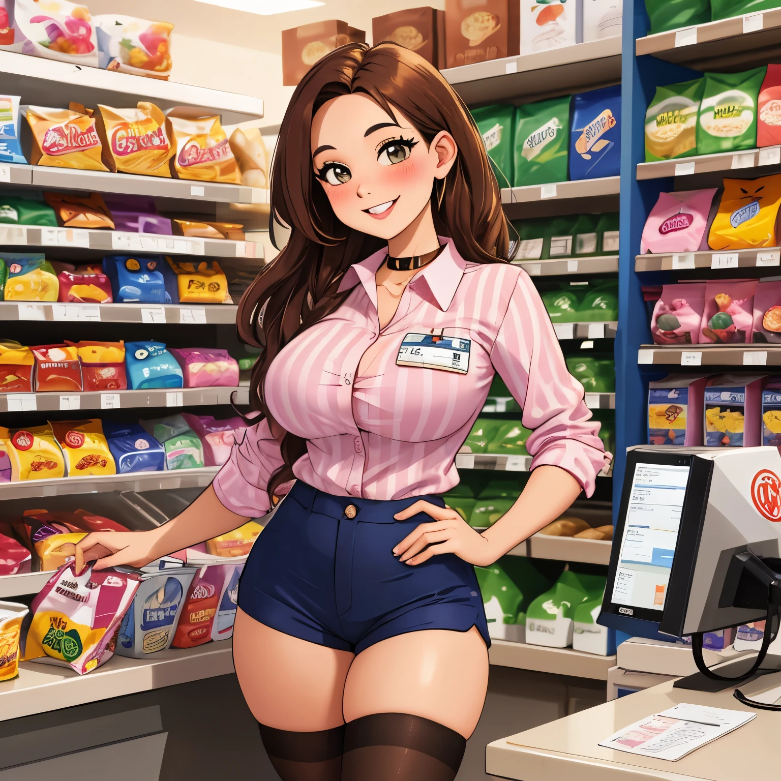 ((best quality)), ((masterpiece)), (intricate details, hyperdetailed:1.15), Character 1girl, cheerful sales checkout clerk, long brown hair, grey eyes, large breasts, (curvy:0.7), blush, wide hips, smiling full of compassion, Fashion uniform of a convenience store Attire, pale pink striped collar shirt with signature of the shop , loose shorts, name tag dark toned full length tights, at the convenience store , at the cash register