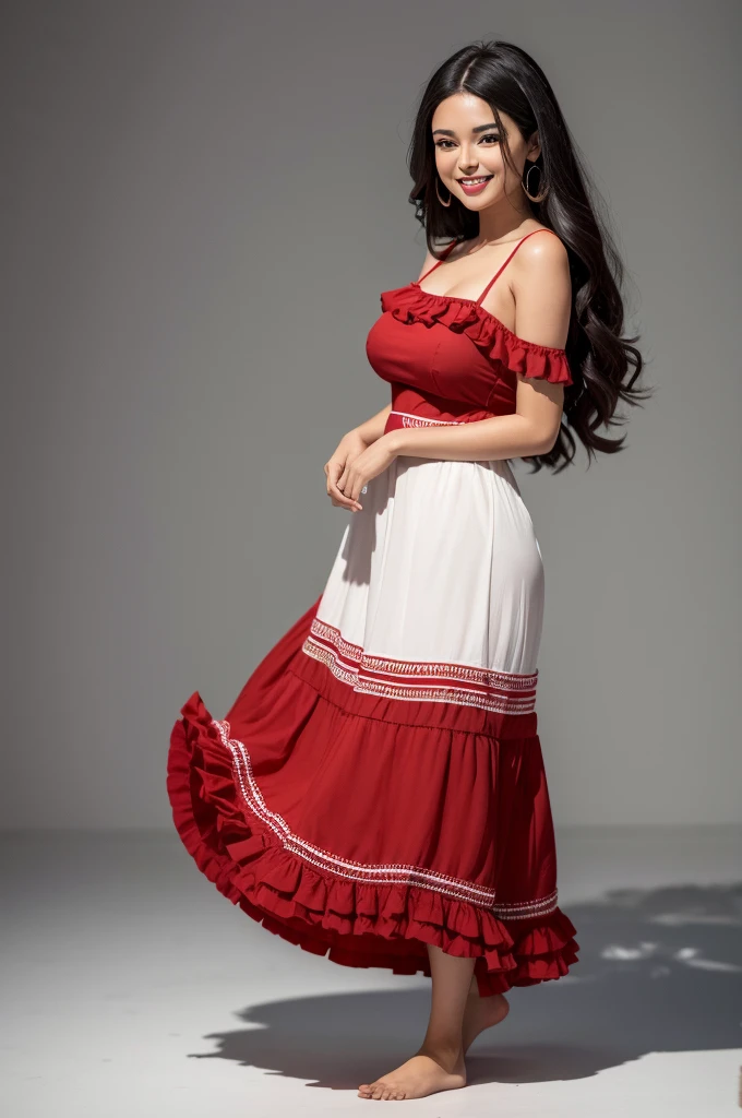 create a 28 year old Brazilian woman, standing model, Brown skin, long black hair, barefoot, white backdrop, wearing a red Ruffled Midi Dress, full body, smiling,