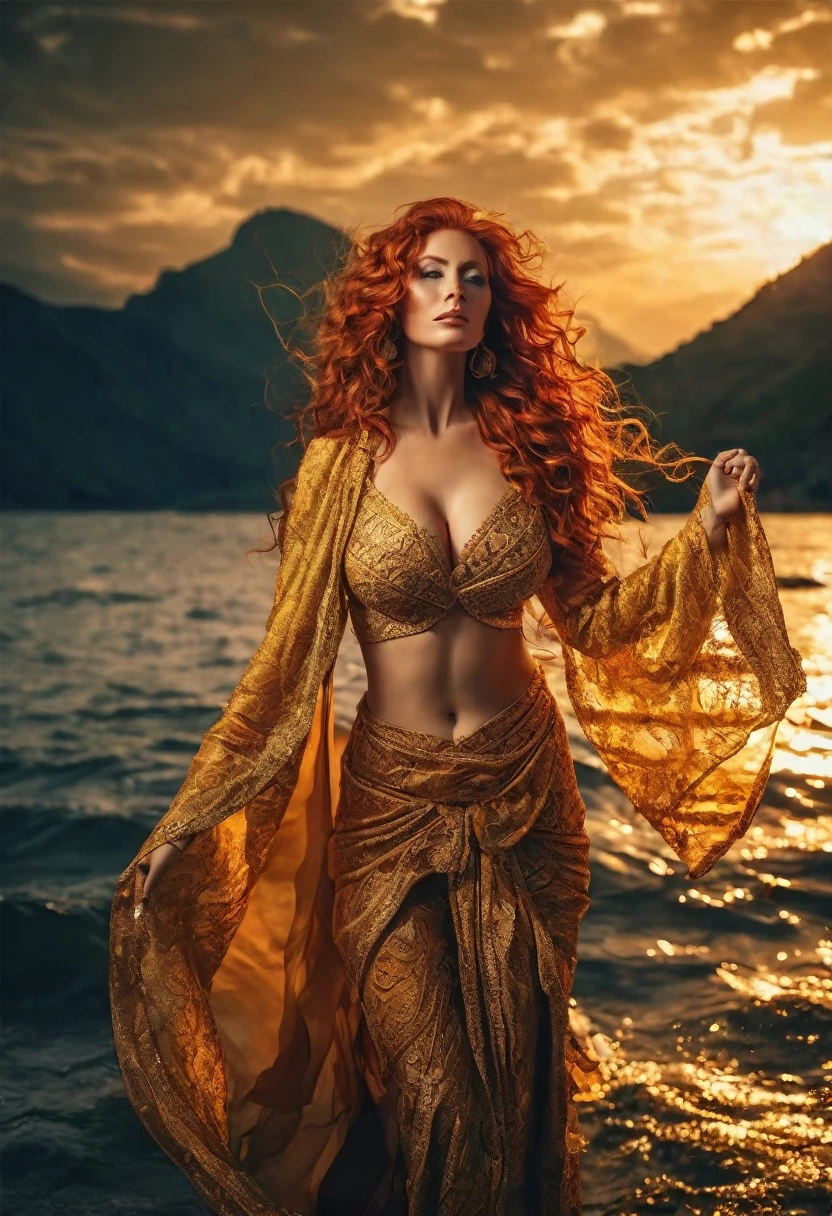 a seductive goddess with large breasts, golden horn on head, wavy red hair, sensual pose, hyper detailed, 8k, intricate, master photography, cinematic lighting, dramatic colors, chiaroscuro, fantasy, realistic, golden clothes