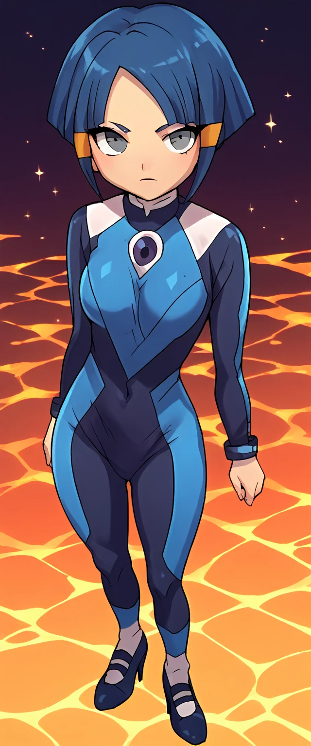 best quality,ultra detailed,solo,score_9, score_8_up, score_7_up, score_6_up, score_5_up, score_4_up, source_anime, 1girl, clara, blue hair, hair tubes, grey eyes, black bodysuit,big breasts, standing sexy pose, (front view,portrait),full body, standing on lava,heavenly ass, heavenly breasts, big ass, no shoes, wearing heels, upset, cute, face, long legs, tight bodysuit, tight sleeves, leggings