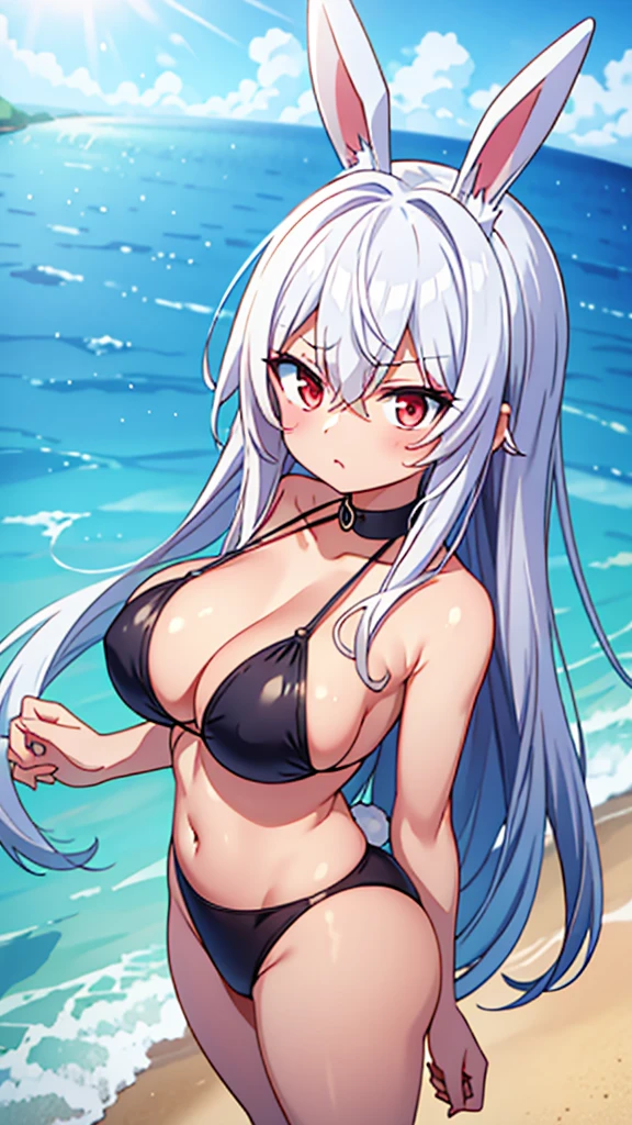 Pumped body, white hair, bunny ears, red eyes, angry face, bikini, wet skin, tanned skin, beach, sun, woman, solo, Bottom view