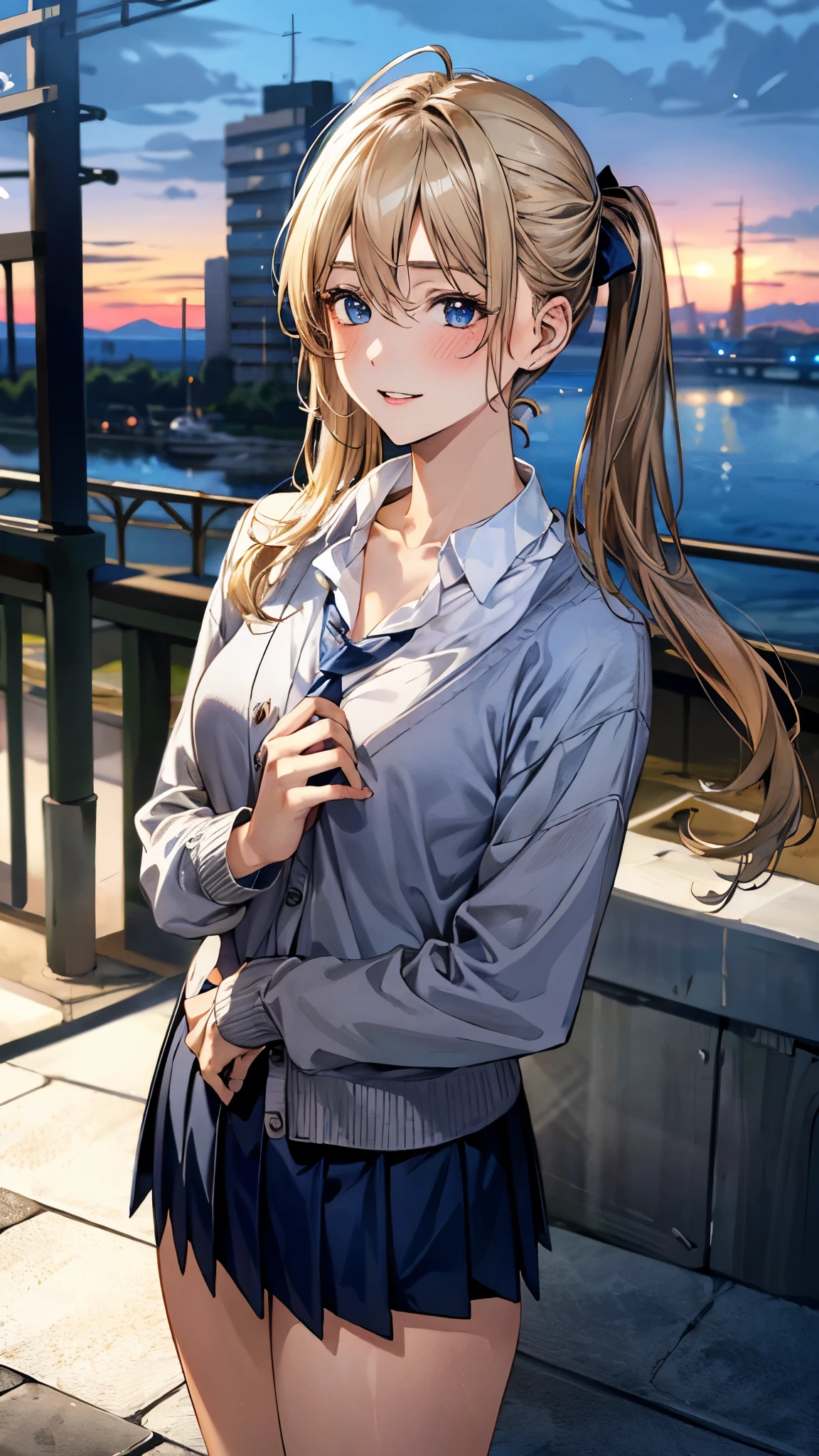 (masterpiece:1.3, top-quality, ultra high res, ultra detailed), (realistic, photorealistic:1.4), beautiful illustration, perfect lighting, natural lighting, colorful, depth of fields, ,
beautiful detailed hair, beautiful detailed face, beautiful detailed eyes, beautiful clavicle, beautiful body, beautiful chest, beautiful thigh, beautiful legs, beautiful fingers, shiny skin, 
looking at viewer, 1 girl, high school girl, (perfect anatomy, anatomically correct, super detailed skin), cute and symmetrical face, babyface, perfect face, perfect eyes, , 
(long hair:1.4, twin tails:1.2, blonde hair), swept bangs, hair between eyes:0.6, blue eyes, big eyes, long eye lasher, (medium breasts, seductive thighs), slender, skin dendation, 
detailed cloth texture, (navy cardigan:1.2), break, white collared shirt, break, dark red tie, break, blue pleated skirt:1.2, break, 
(beautiful scenery), summer, evening, (cityscape:1.2), standing, hands on chest, (lovely smile, upper eyes, parted lips), 