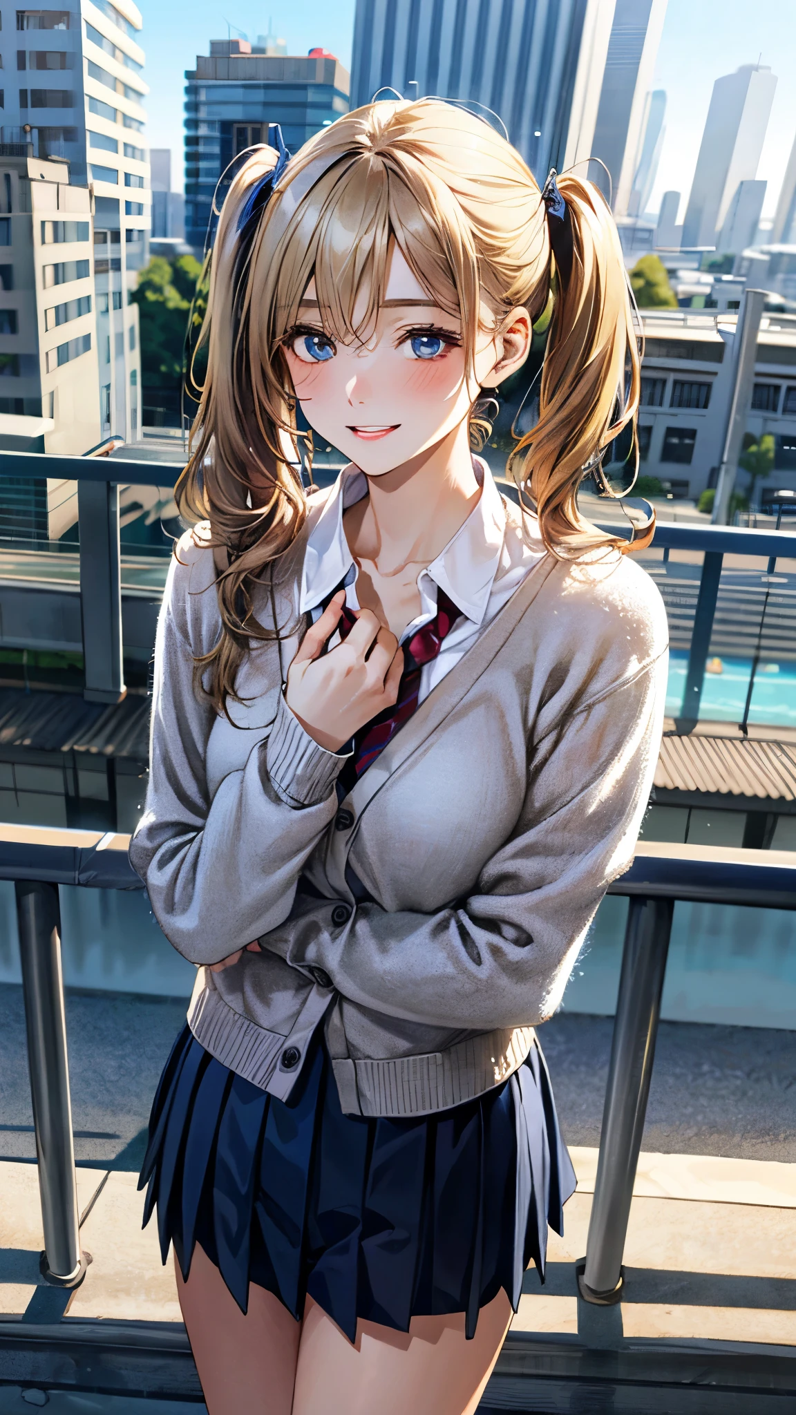 (masterpiece:1.3, top-quality, ultra high res, ultra detailed), (realistic, photorealistic:1.4), beautiful illustration, perfect lighting, natural lighting, colorful, depth of fields, ,
beautiful detailed hair, beautiful detailed face, beautiful detailed eyes, beautiful clavicle, beautiful body, beautiful chest, beautiful thigh, beautiful legs, beautiful fingers, shiny skin,
looking at viewer, 1 girl, high school girl, (perfect anatomy, anatomically correct, super detailed skin), cute and symmetrical face, face, perfect face, perfect eyes, ,
(long hair:1.4, twin tails:1.2, blonde hair), swept bangs, hair between eyes:0.6, blue eyes, big eyes, long eye lasher, (medium breasts, seductive thighs), slender, skin dendation,
detailed cloth texture, (navy cardigan:1.2), break, white collared shirt, break, dark red tie, break, blue pleated skirt:1.2, break,
(beautiful scenery), summer, evening, (cityscape:1.2), standing, hands on chest, (lovely smile, upper eyes, parted lips),