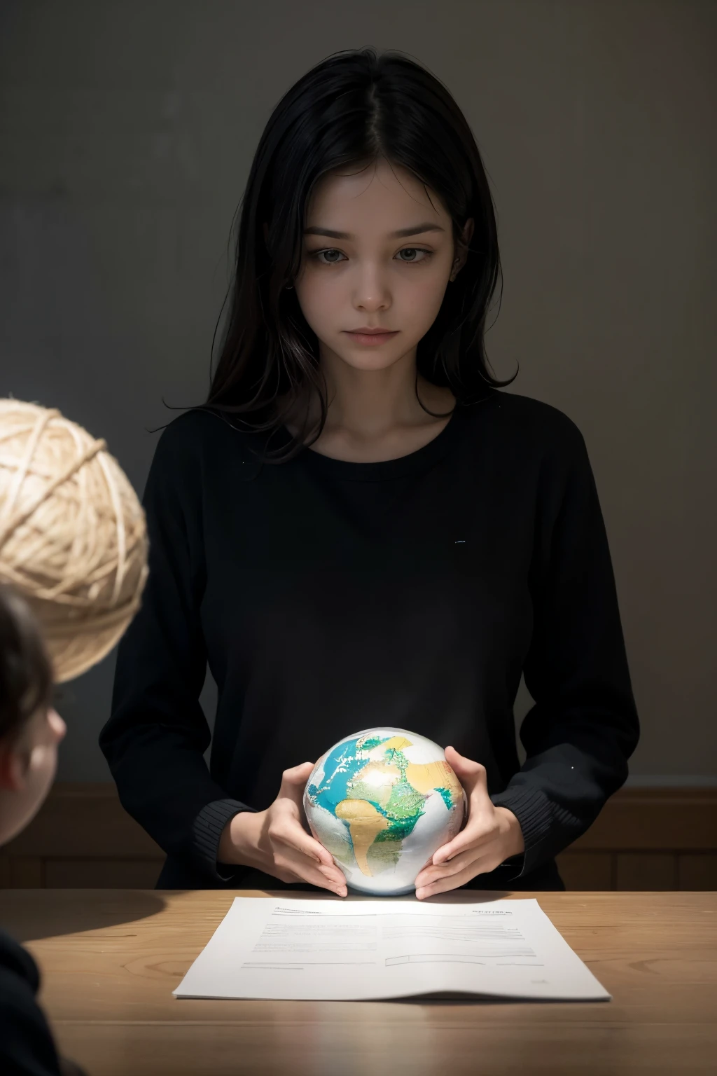 Can you create an image of a psychologist working with a child where there are silhouettes of a mother and a father?. Between the psychologist and the there is a ball of wool to untangle and a wall painted with the planet Earth.