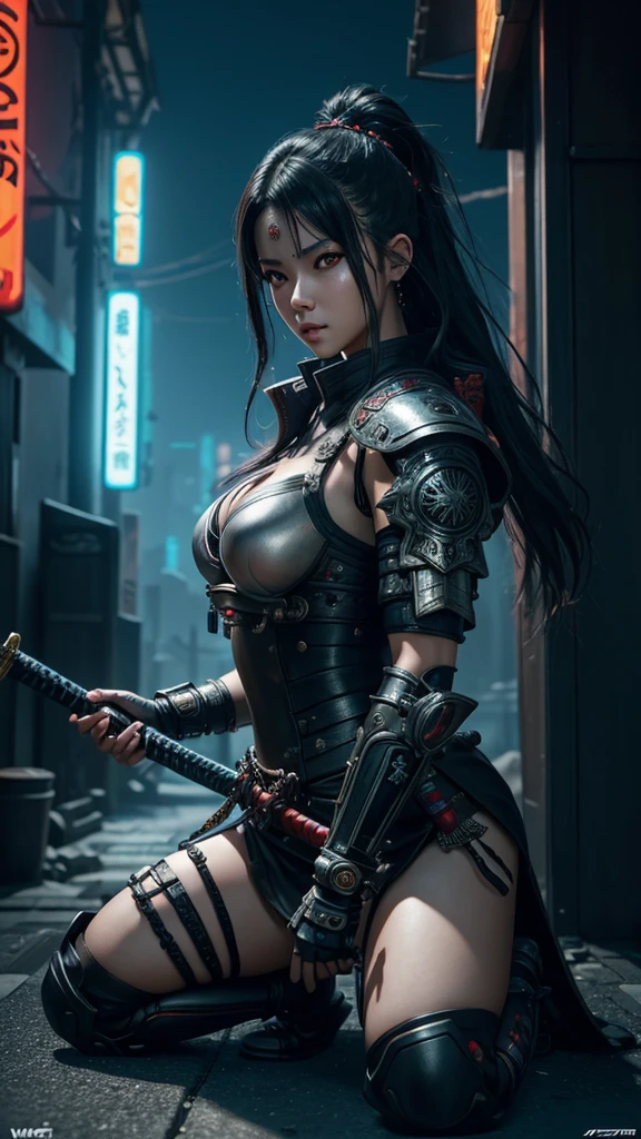 High resolution、8k、Raw photo、whole body、Beautiful Teenage Woman、One Japanese woman、Big beautiful eyeedium chest、Black ponytail、Shiny、((Wearing black and red cyberpunk mechanical samurai armor))、A neon-lit cyberpunk park、Swinging a sword、Japanese sword、Japanese Girl Samurai