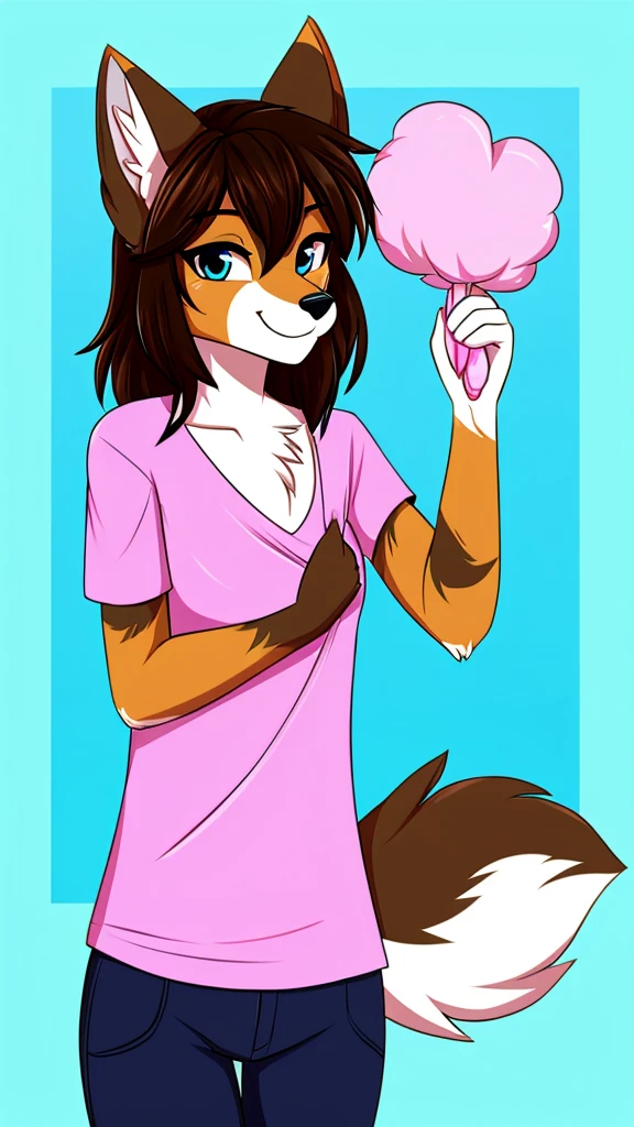 there is a draw image of a wolf,cotton candy, cyan, white, pink ,shirt arm with long, pants black, draw avatar, fursona, furry style, furry character, furry furaffinity, furry fursona, thicc, furry cute style, fursona!!!!, halfbody, fursona, cheap brown hair long girl, woman, Chest girl, backgrouned style colorful, transgender