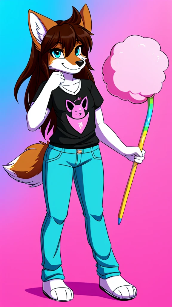 there is a draw image of a wolf,cotton candy, cyan, white, pink ,shirt arm with long, pants black, draw avatar, fursona, furry style, furry character, furry furaffinity, furry fursona, thicc, furry cute style, fursona!!!!, halfbody, fursona, cheap brown hair long girl, woman, Chest girl, backgrouned style colorful, transgender
