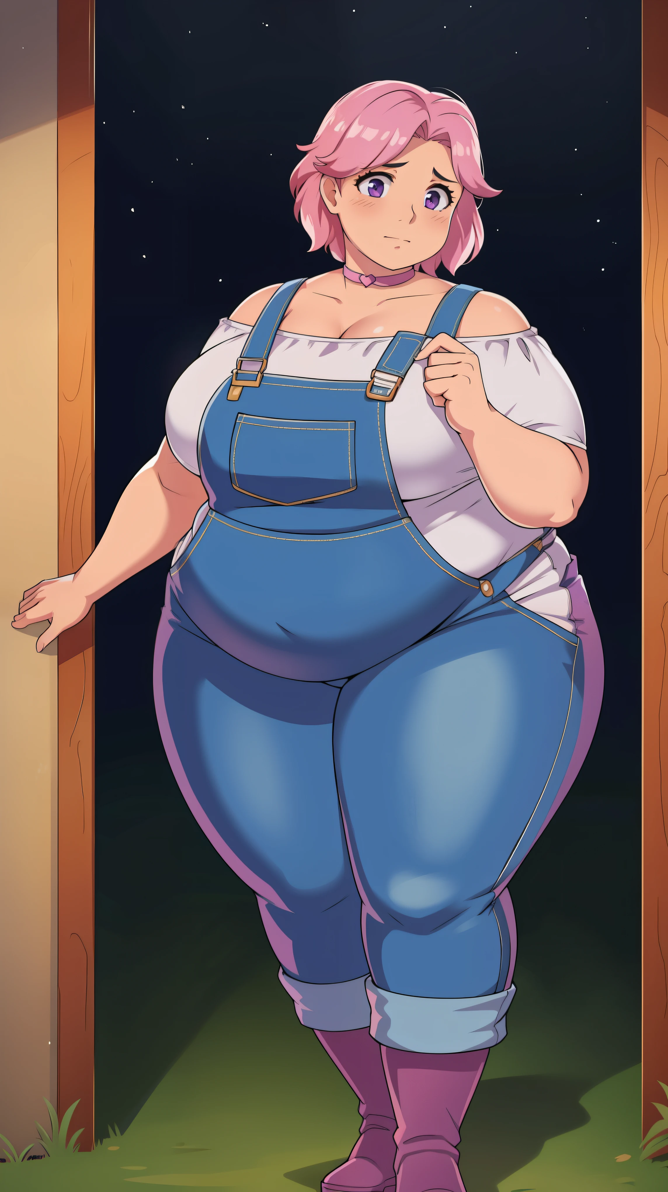 (Obese:1.1),fat, Slightly chubby, sad, farm backround, Full body, looking at viewer, 1girl, solo, short pink hair, (dark blue choker), (dark blue denim overalls), (purple eyes), (pink boots), (white shoulder lantern sleeve blouse, tucked in pants