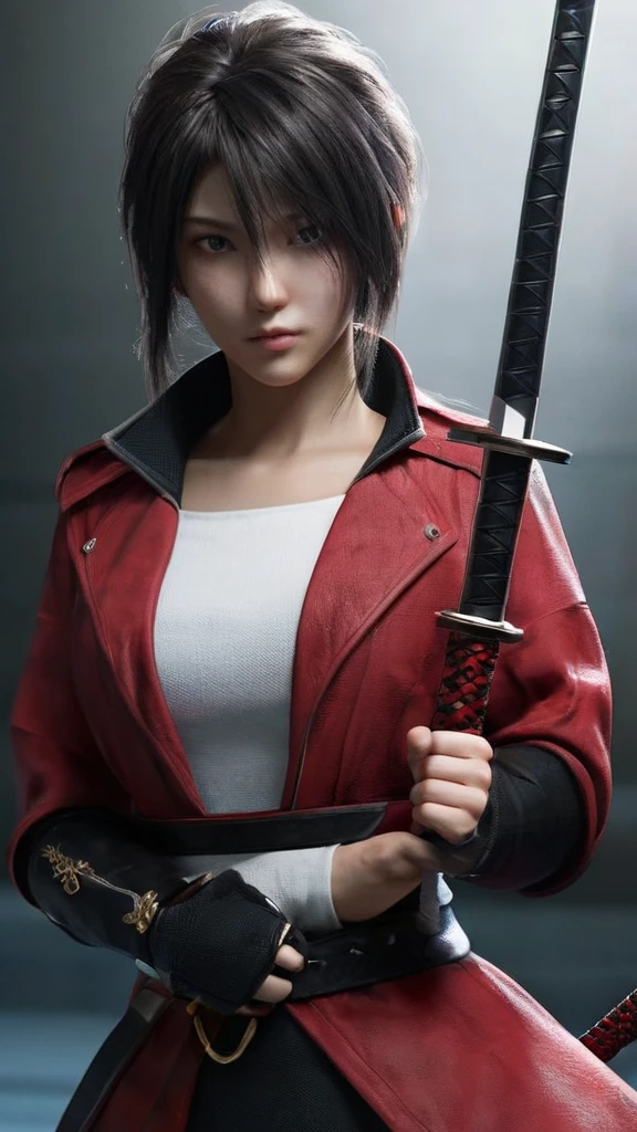 a woman holding a sword in a dark room, 2. 5 d cgi anime fantasy artwork, holding a black katana, stuning fantasy 3 d render, holding katana, unreal engine character art, unsheathing her katana, she is holding a katana sword, yasuke 5 0 0 px models, dramatic wielding katana pose, holding a katana, background color smoked, Red leather jacket.