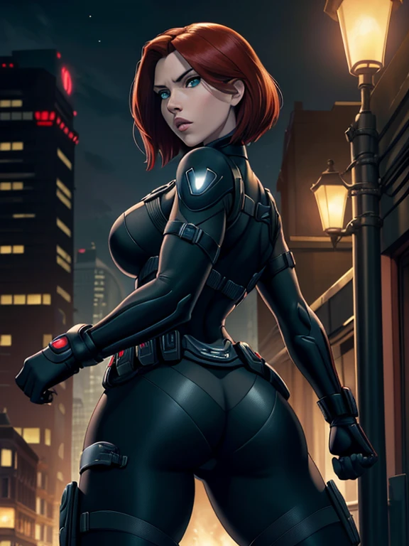 Scarlett Johansson as Black Widow, ((Masterpiece)); ((Natural Beauty)); ((Ultrarealistic green eyes)); ((Ultrarealistic fair white skin)); ((Ultrarealistic round boobs)); ((Ultrarealistic red short classic bob haircut hairstyle)); ((Ultrarealistic round Asscheeks)); ((Ultrarealistic widow bite black gloves)); ((Ultrarealistic utility belt)); black and red tactical vest; Bright Red stripe accents on the side of the suit;
Short sleeve; looking at the viewer;
"Back view of Black Widow, her tight black suit emphasizing her shapely asscheeks as she stands in a defensive stance. The scene is night time cityscape, with buildings and street lights creating a dramatic backdrop."