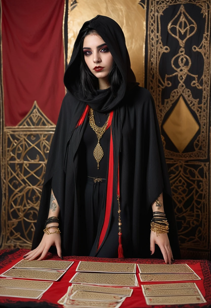 young witch of the desert 15 years old, in the Arab room, black long cape with a hood falling over the eyes, scarf covering lips and nose, black and red lines on the face, black smudged makeup, golden eyes, black hair, black outfit, eye tattoo under collarbone, gold jewelry, full length, fortune telling cards in hand