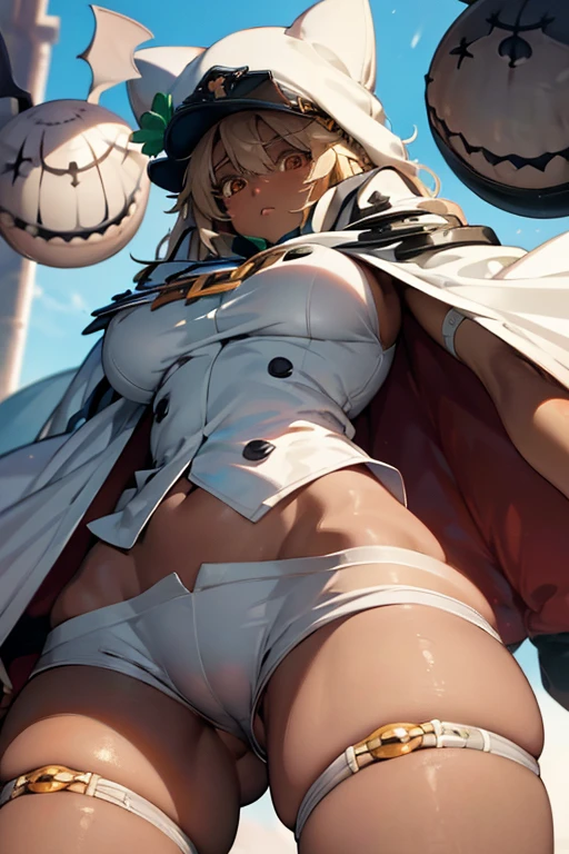 (masterpiece:1.2),Detailed explanation, Awards, high quality, High resolution, HD, 4K,8K,high quality,(professional illustration:1.1),large breasts,(Chewy breasts,tender breasts:1.3),close up face,Thighs focus,Ramlethal Valentine,Guilty Gear,dark skin,shorts,Cape,Hood Cap,(),from below