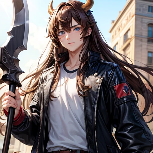 Brown haired Minotaur　Blue-eyed beautiful boy　　Cow horn　Cow earless　Has a one-handed axe　　long hair　Crossdresser　Wearing a jacket