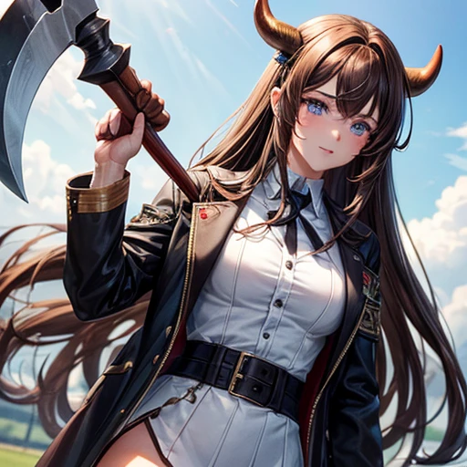 Brown haired Minotaur　Blue-eyed beautiful boy　　Cow horn　Cow earless　Has a one-handed axe　　long hair　Crossdresser　Wearing a jacket