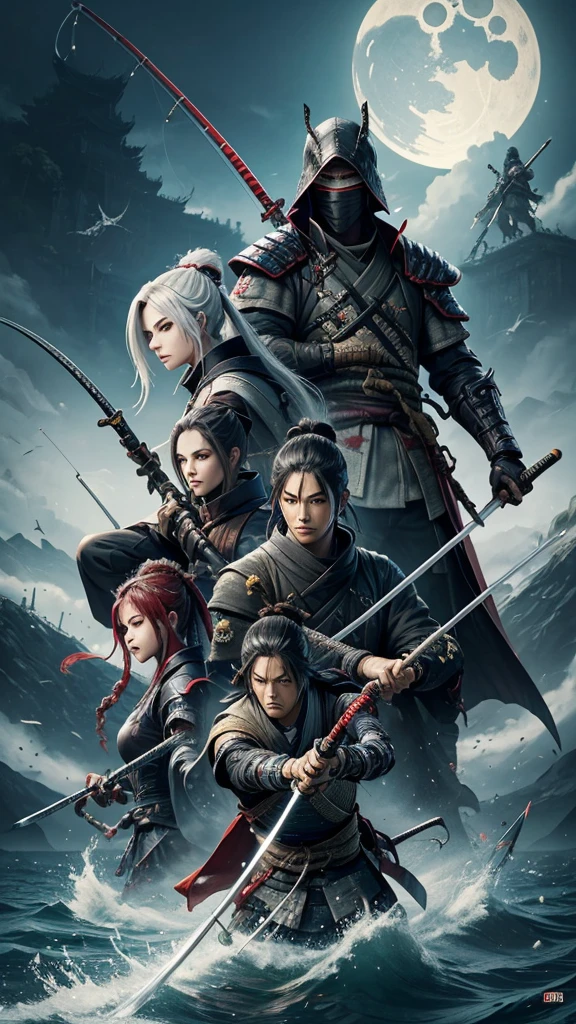a person with super long platinum hair standing in a field with a rifle, a magic fishing rod weapon, many floating swords, a ninja with a water wave katana, sharp Final fantasy 14, awakened samurai, holding a scythe, a robot with fishing rod, giant scythe, dark ninja Shinobi wielding a naginata, wandering samurai man, playable cart, toad samurai, white mask.lolita. sekiro.Tenchu.Ghost.Samurai shodown.onimusha.Tsushima.Damon blade.Detailed devil mask.
