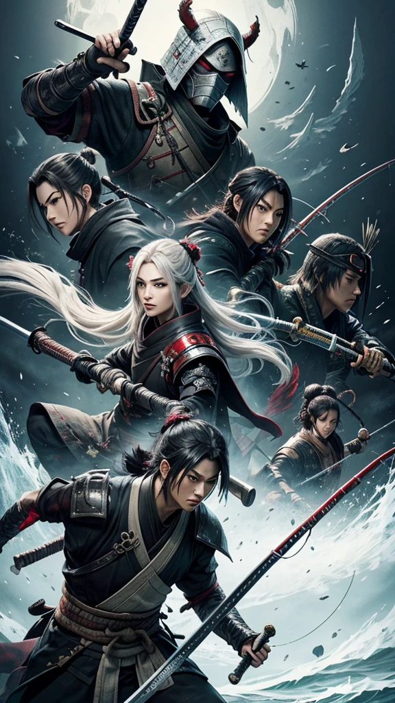 a person with super long platinum hair standing in a field with a rifle, a magic fishing rod weapon, many floating swords, a ninja with a water wave katana, sharp Final fantasy 14, awakened samurai, holding a scythe, a robot with fishing rod, giant scythe, dark ninja Shinobi wielding a naginata, wandering samurai man, playable cart, toad samurai, white mask.lolita. sekiro.Tenchu.Ghost.Samurai shodown.onimusha.Tsushima.Damon blade.Detailed devil mask.
