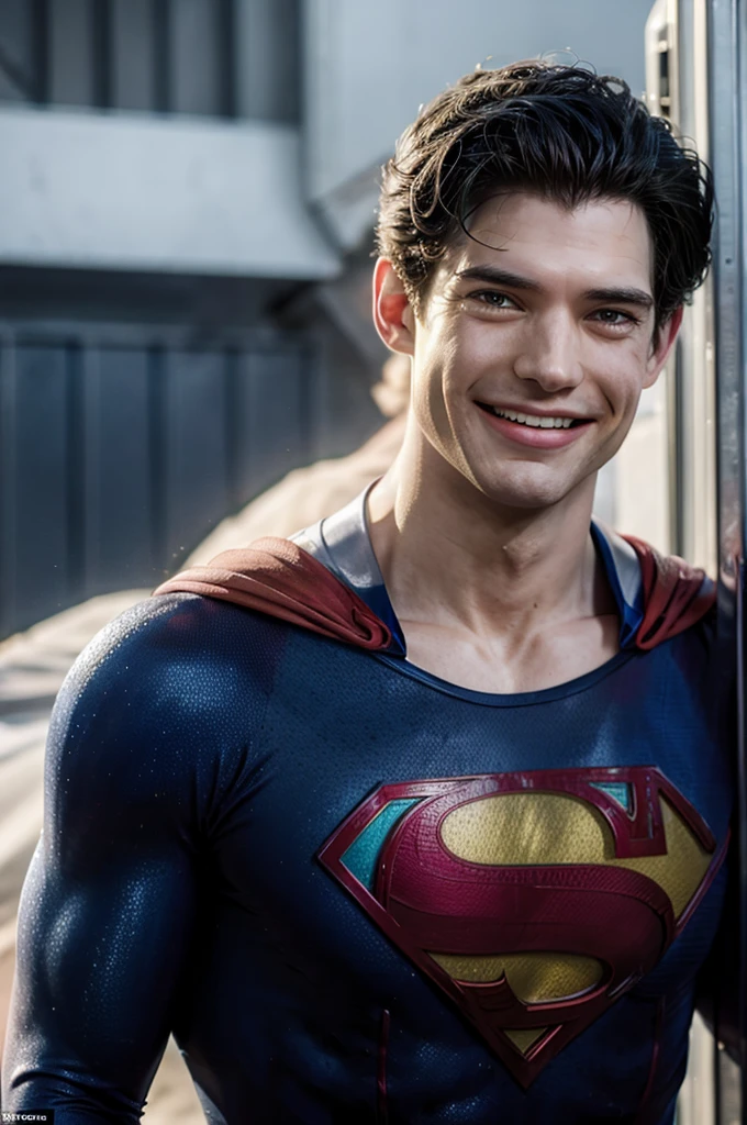 Superman played by David Corenswet flying in his classic uniform smiling