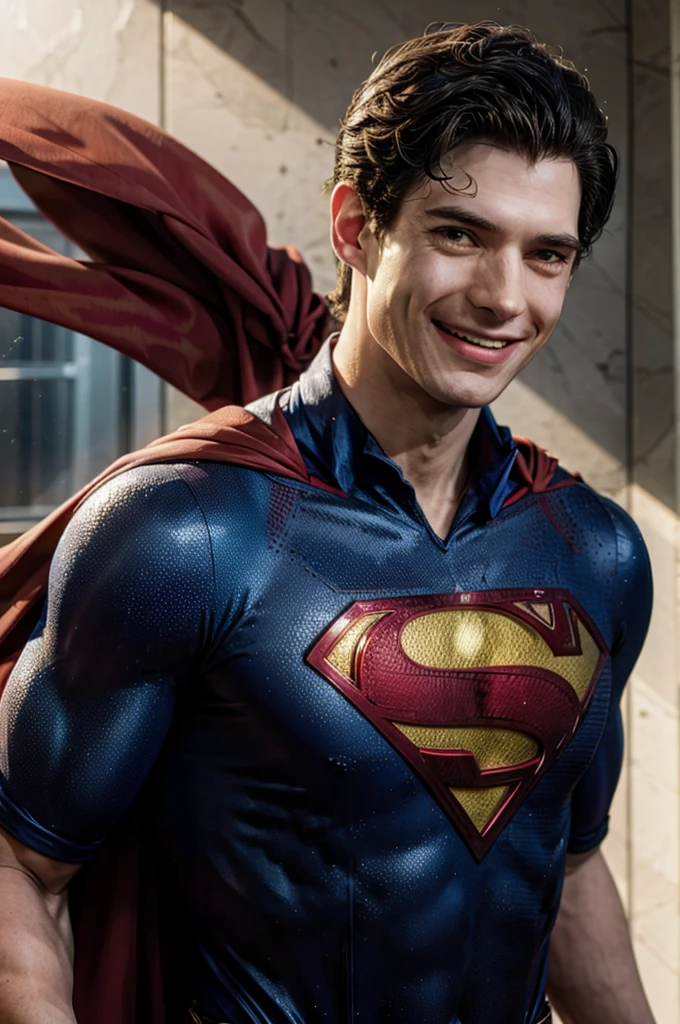 Superman played by David Corenswet flying in his classic uniform smiling