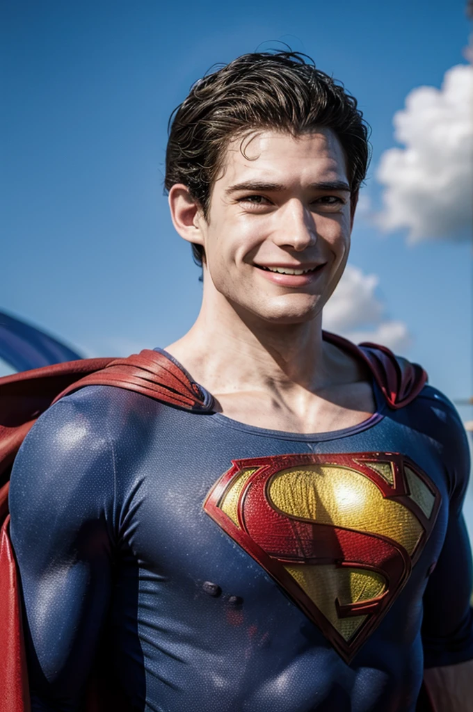 Superman played by David Corenswet flying in his classic uniform smiling