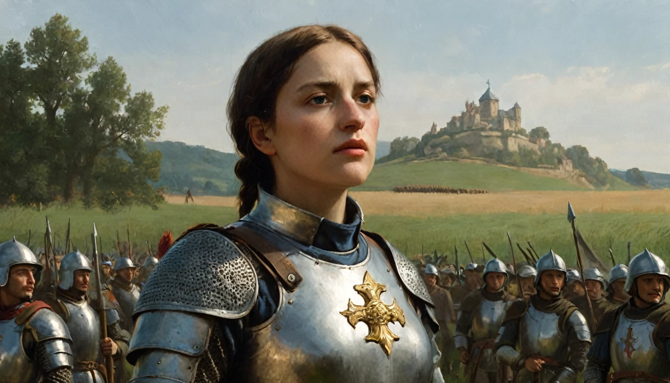 14th century, Joan of Arc. The scene shows Joan of Arc standing in an open field, dressed in armor and holding a sword. His armor is adorned with gold details and bears the battle standard of France. His face reflects determination and bravery, as he looks towards the horizon with a resolute expression. Around her, French soldiers are gathered in formation, inspired by her leadership. In the background, you can see a landscape of green hills and a clear sky. The atmosphere is one of heroism and patriotism, capturing the historical moment when Joan of Arc led French troops to victory during the Hundred Years' War., Hyperrealism, UHD, retina, masterpiece, accurate, anatomically correct, textured skin, super detail, award winning, 8k
