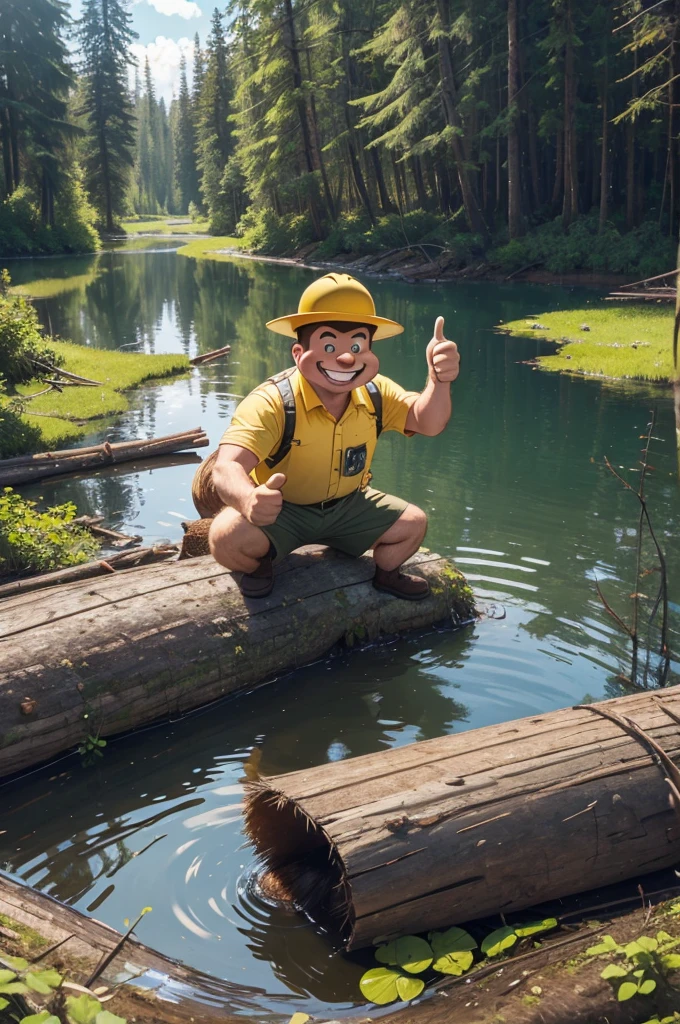 Realistic Beaver photo, funny cartoonish style, yellow hard hat, thumbs up, forest river in the background with a beaver dam, one funny beaver photo