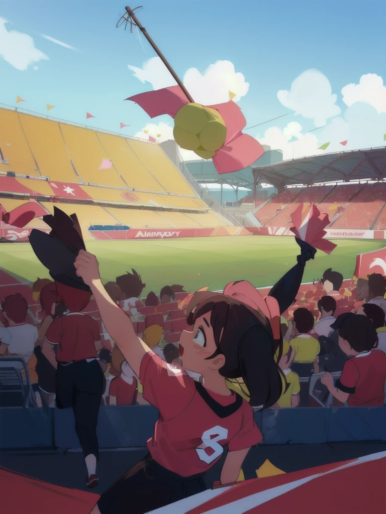 araffes in red shirts are waving a flag at a soccer game, ๐ญ ๐คฎ ๐ ๐, the crowd is cheering, photo from a spectator, the stadium has a full crowd, edited, crowd cheering, the atmosphere is cheerful, ๐ฃ ๐ฅ๐ฃ ๐ฅ, ๐คฌ ๐คฎ ๐ ๐, visually stunning, ๐ฃ ๐ฅ, jamaican colors, description, colors of jamaica