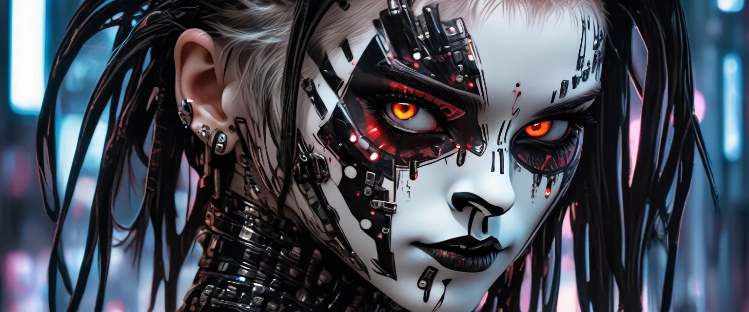 anime artwork, commercial portrait, (full body shot:1.6), cyberpunk style, 1girl, white face paint, black bleeding mascara, perfect anatomy, posing for the camera, stunningly beautiful, perfect face, glowing eyes, intricate details, ultra-realistic, high saturation, cinematic light, 35mm raw photo, nsfw, art by j.c. leyendecker