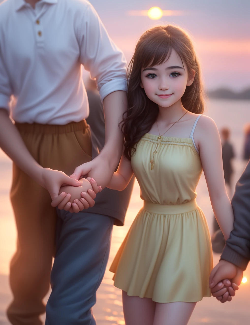 a age girl holding her father's hand, detailed facial features, warm smile, touching moment, sunset landscape, golden hour lighting, pastel colors, cinematic composition, serene atmosphere, photorealistic, 8k, ultra-detailed, award winning photography