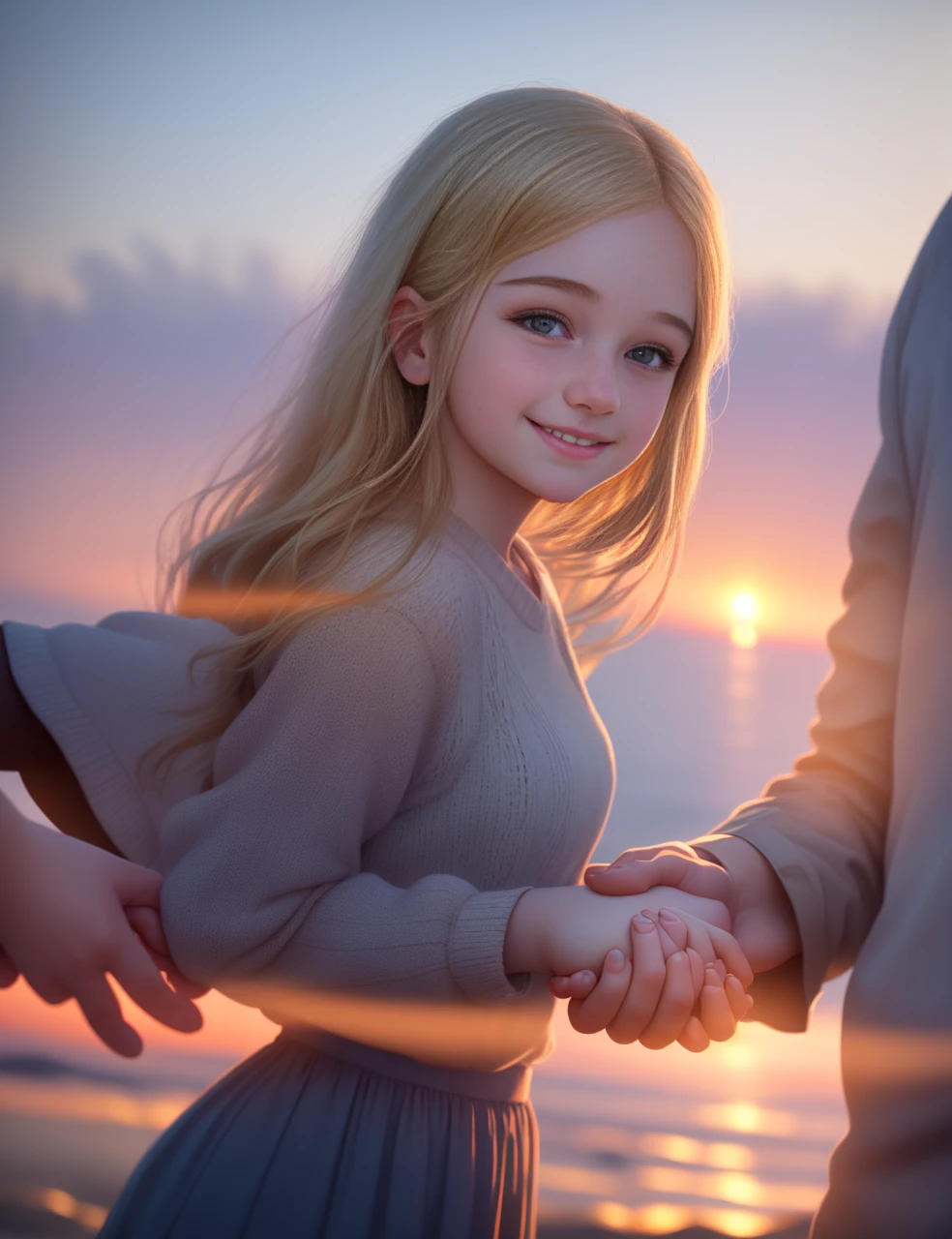 a  girl holding her father's hand, detailed facial features, warm smile, touching moment, sunset landscape, golden hour lighting, pastel colors, cinematic composition, serene atmosphere, photorealistic, 8k, ultra-detailed, award winning photography