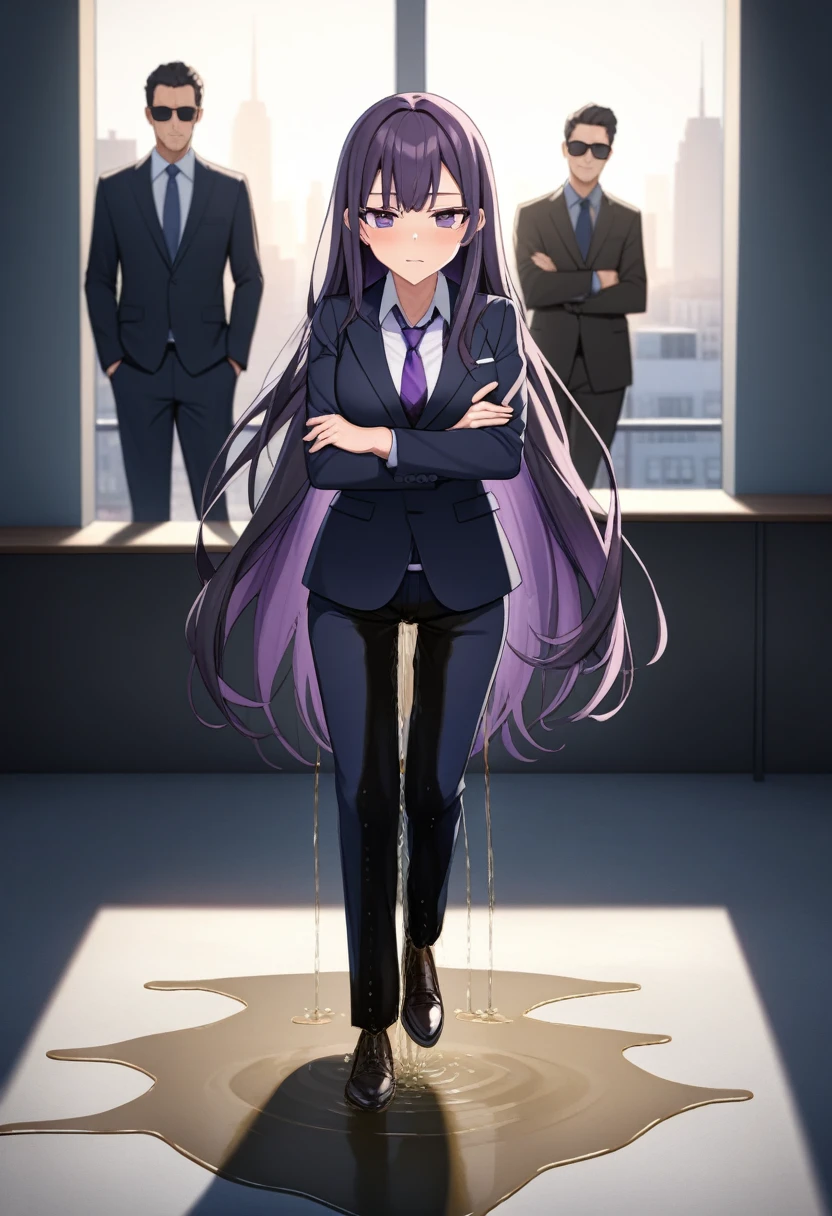 (masterpiece:1.37), best quality, (extremely detailed:1.37), office, window overlooking a bustling cityscape, woman, (mature:1.75), (adult:1.5), (very long hair:1.5), dark purple hair, purple eyes, (extremely detailed eyes:1.37), breasts, sunglasses, business suit, necktie, business pants, (wetting herself:2.0), standing straight, (desperation:2.0), full body day, daytime, glow, facing viewer, perfect composition, Perfect light and shadow, 8K, (arms crossed:1.5)