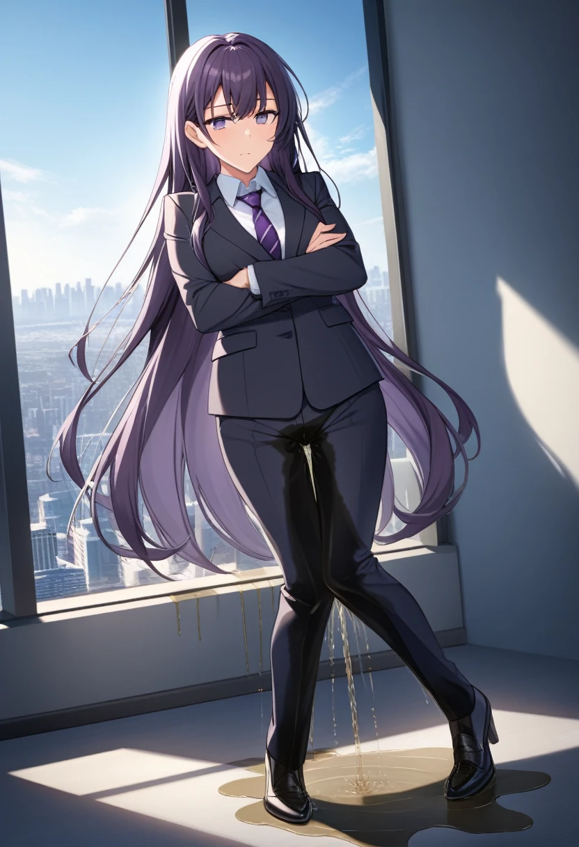 (masterpiece:1.37), best quality, (extremely detailed:1.37), office, window overlooking a bustling cityscape, woman, (mature:1.75), (adult:1.5), (very long hair:1.5), dark purple hair, purple eyes, (extremely detailed eyes:1.37), breasts, sunglasses, business suit, necktie, business pants, (wetting herself:2.0), standing straight, (desperation:2.0), full body day, daytime, glow, facing viewer, perfect composition, Perfect light and shadow, 8K, (arms crossed:1.5)