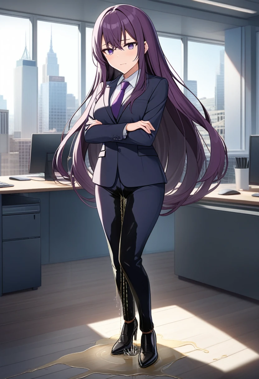 (masterpiece:1.37), best quality, (extremely detailed:1.37), office, window overlooking a bustling cityscape, woman, (mature:1.75), (adult:1.5), (very long hair:1.5), dark purple hair, purple eyes, (extremely detailed eyes:1.37), breasts, sunglasses, business suit, necktie, business pants, (wetting herself:2.0), standing straight, (desperation:2.0), full body day, daytime, glow, facing viewer, perfect composition, Perfect light and shadow, 8K, (arms crossed:1.5)