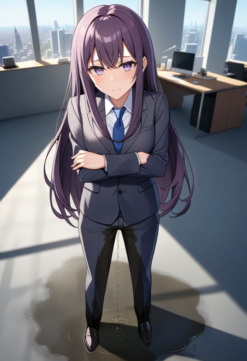 (masterpiece:1.37), best quality, (extremely detailed:1.37), office, window overlooking a bustling cityscape, woman, (mature:1.75), (adult:1.5), (very long hair:1.5), dark purple hair, purple eyes, (extremely detailed eyes:1.37), breasts, sunglasses, business suit, necktie, business pants, (wetting herself:2.0), standing straight, (desperation:2.0), full body day, daytime, glow, facing viewer, perfect composition, Perfect light and shadow, 8K, (arms crossed:1.5)