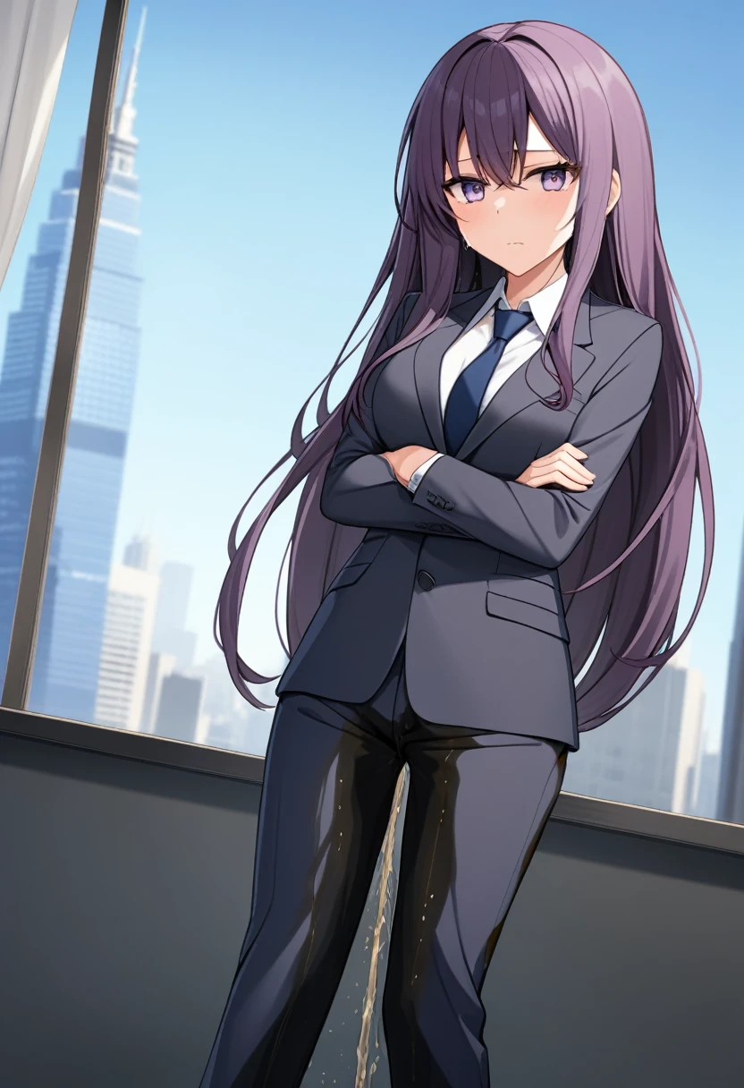 (masterpiece:1.37), best quality, (extremely detailed:1.37), office, window overlooking a bustling cityscape, woman, (mature:1.75), (adult:1.5), (very long hair:1.5), dark purple hair, purple eyes, (extremely detailed eyes:1.37), breasts, sunglasses, business suit, necktie, business pants, (wetting herself:2.0), standing straight, (desperation:2.0), full body day, daytime, glow, facing viewer, perfect composition, Perfect light and shadow, 8K, (arms crossed:1.5)