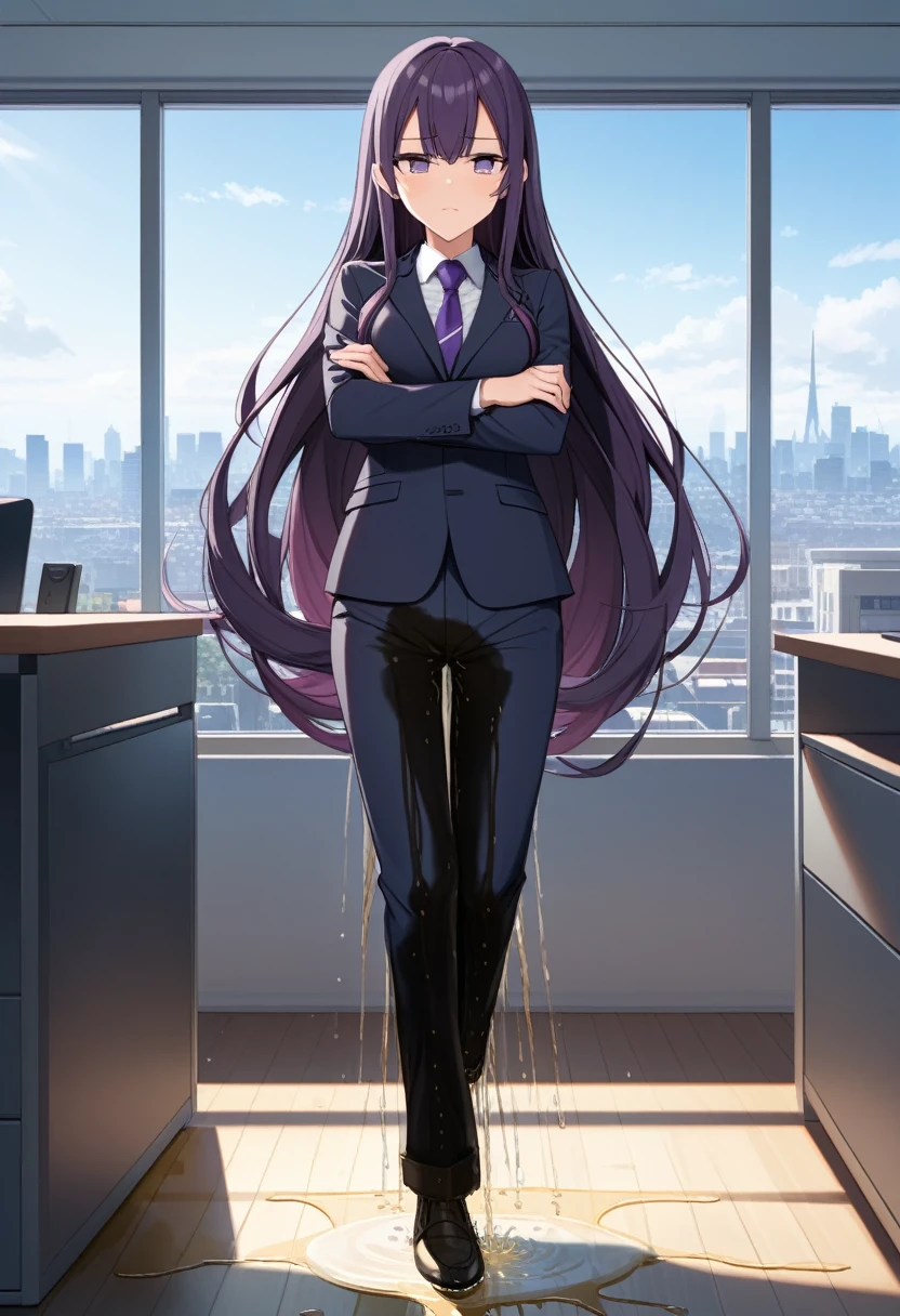 (masterpiece:1.37), best quality, (extremely detailed:1.37), office, window overlooking a bustling cityscape, woman, (mature:1.75), (adult:1.5), (very long hair:1.5), dark purple hair, purple eyes, (extremely detailed eyes:1.37), breasts, sunglasses, business suit, necktie, business pants, (wetting herself:3.0), standing straight, (desperation:3.0), full body day, daytime, glow, facing viewer, perfect composition, Perfect light and shadow, 8K, (arms crossed:1.5)