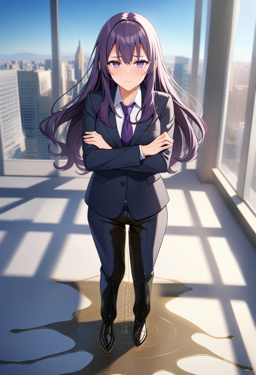 (masterpiece:1.37), best quality, (extremely detailed:1.37), office, window overlooking a bustling cityscape, woman, (mature:1.75), (adult:1.5), (very long hair:1.5), dark purple hair, purple eyes, (extremely detailed eyes:1.37), breasts, sunglasses, business suit, necktie, business pants, (wetting herself:2.0), standing straight, (desperation:2.0), full body day, daytime, glow, facing viewer, perfect composition, Perfect light and shadow, 8K, (arms crossed:1.5)