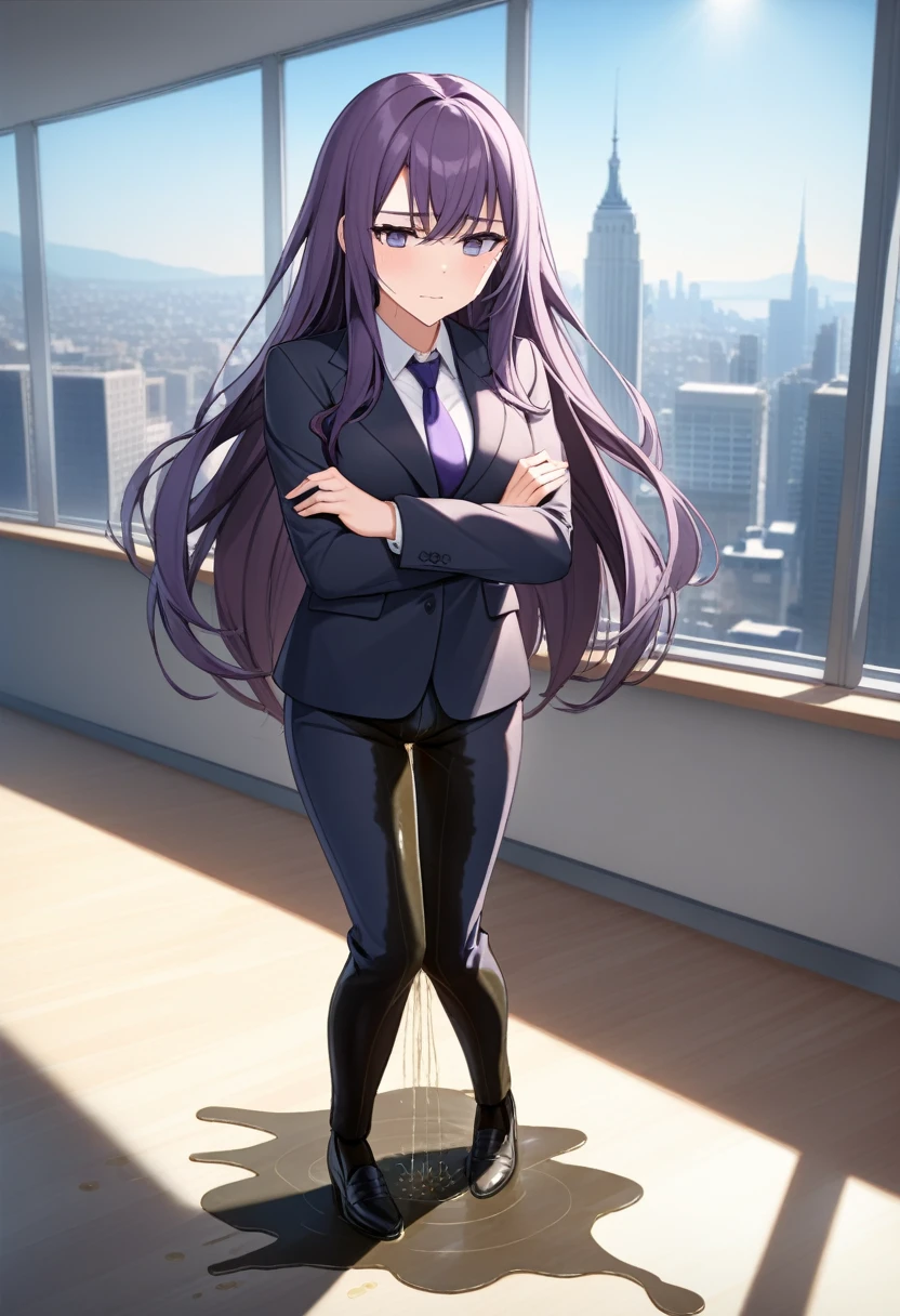 (masterpiece:1.37), best quality, (extremely detailed:1.37), office, window overlooking a bustling cityscape, woman, (mature:1.75), (adult:1.5), (very long hair:1.5), dark purple hair, purple eyes, (extremely detailed eyes:1.37), breasts, sunglasses, business suit, necktie, business pants, (wetting herself:2.0), standing straight, (desperation:2.0), full body day, daytime, glow, facing viewer, perfect composition, Perfect light and shadow, 8K, (arms crossed:1.5)