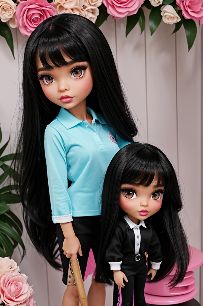 Bratz doll with long black hair , dark skin brown eyes , with black outlined makeup pink lips , with light blue polo clothing, top with flowers and black palazzo pants